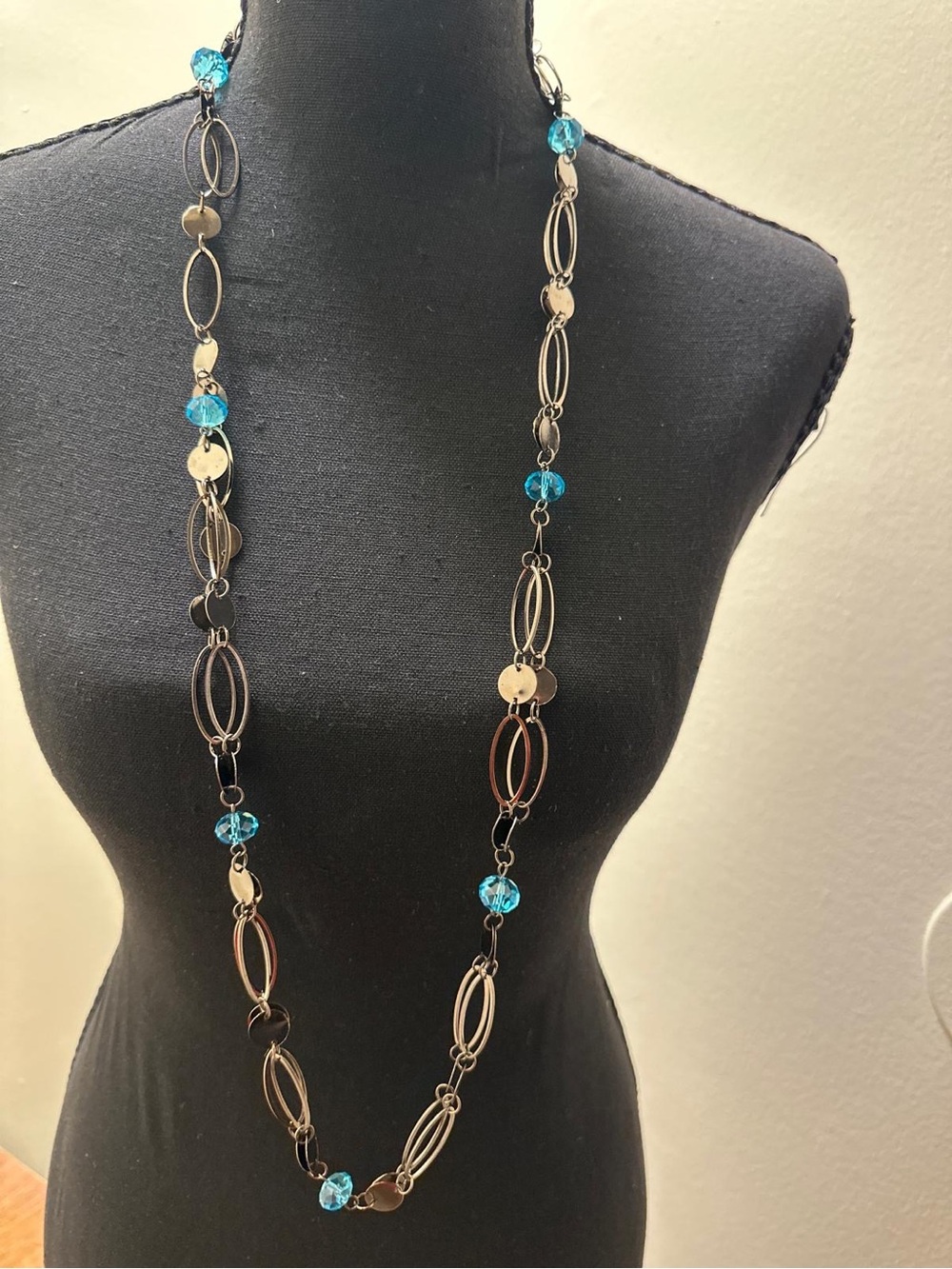 Long Station Necklace Aqua Blue Crystal Beads Gold Oval Link Metal Discs Strand